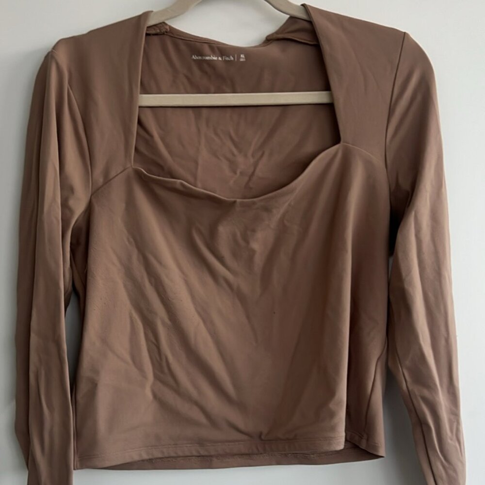 Abercrombie & Fitch Square Neck Long Sleeve Blouse Tan, Size XL